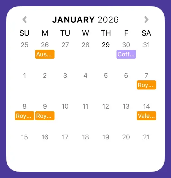 A white widget showing a calendar month view with event indicators