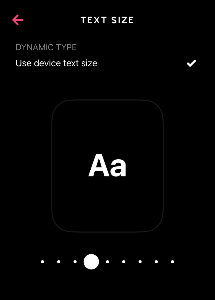 Screenshot of the text size control on iPhone