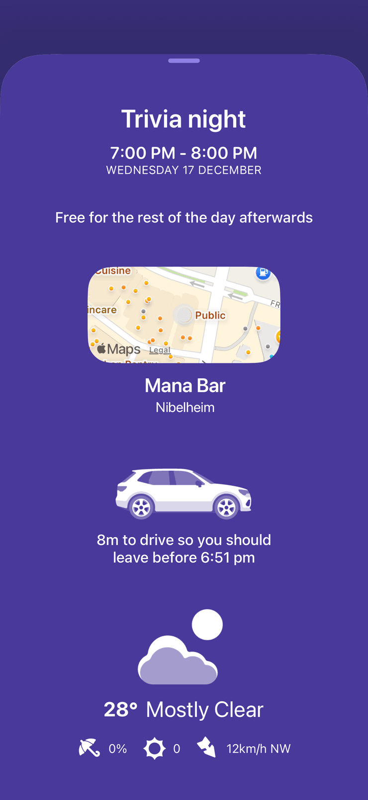 Screenshot of the weather on events on iPhone