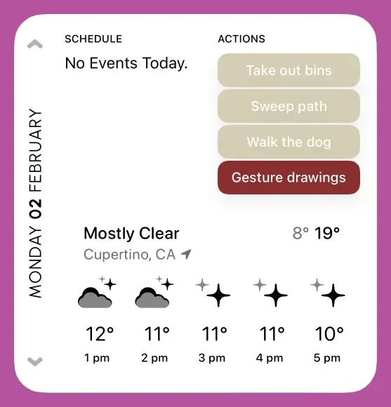 A white widget showing events, weather and actions for today