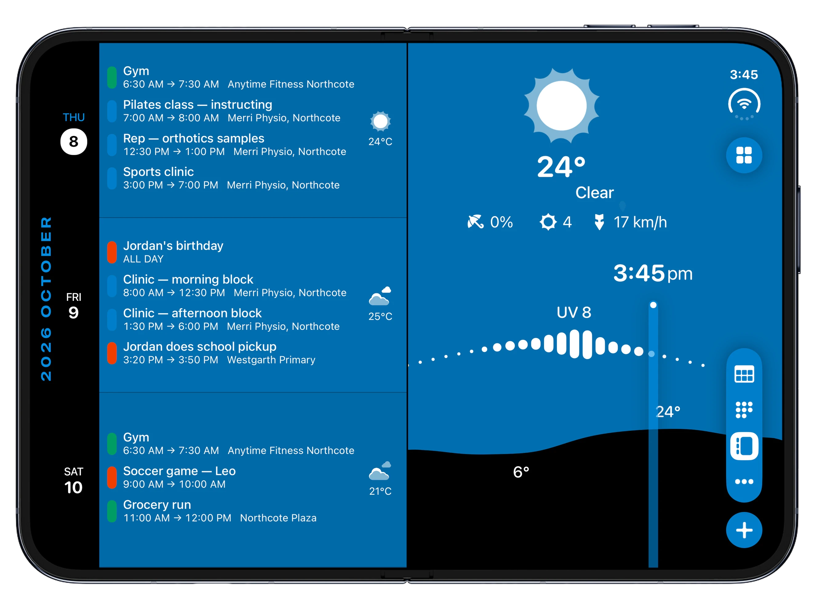 Timepage on iPhone Duo: weather beside the week timeline