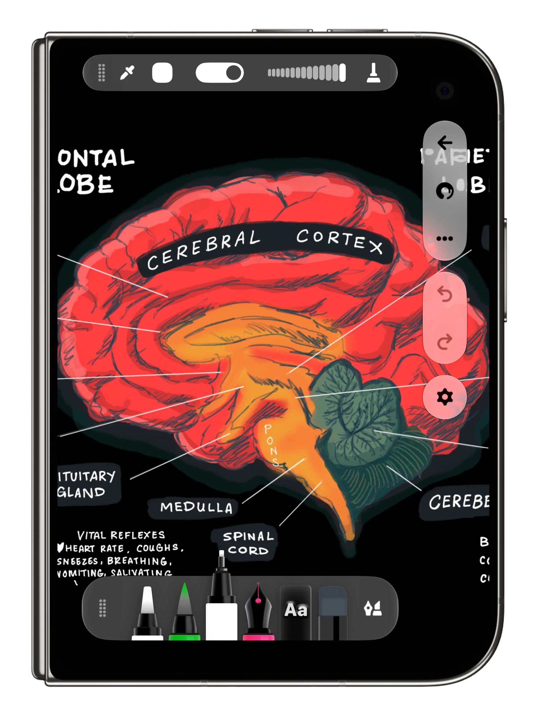 Flow on iPhone Duo: annotated notes on a dark canvas